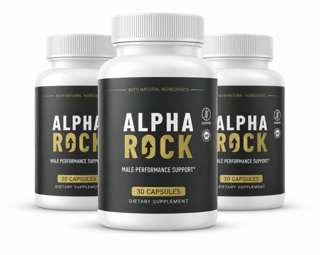 Alpha Rock supplement reviews bottle presented alongside key ingredients like L-Citrulline and Maca Root for daily stamina