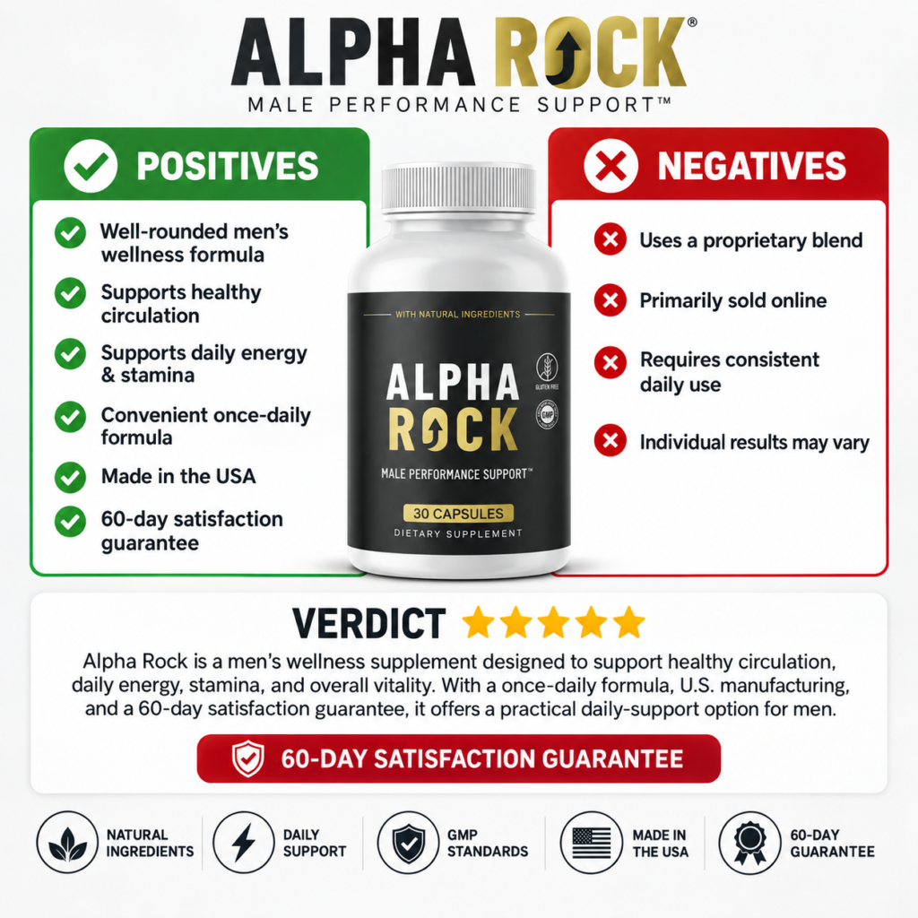 Alpha Rock reviews pros infographic illustrating daily performance benefits, 60-day satisfaction guarantee, and USA manufacturing standards
