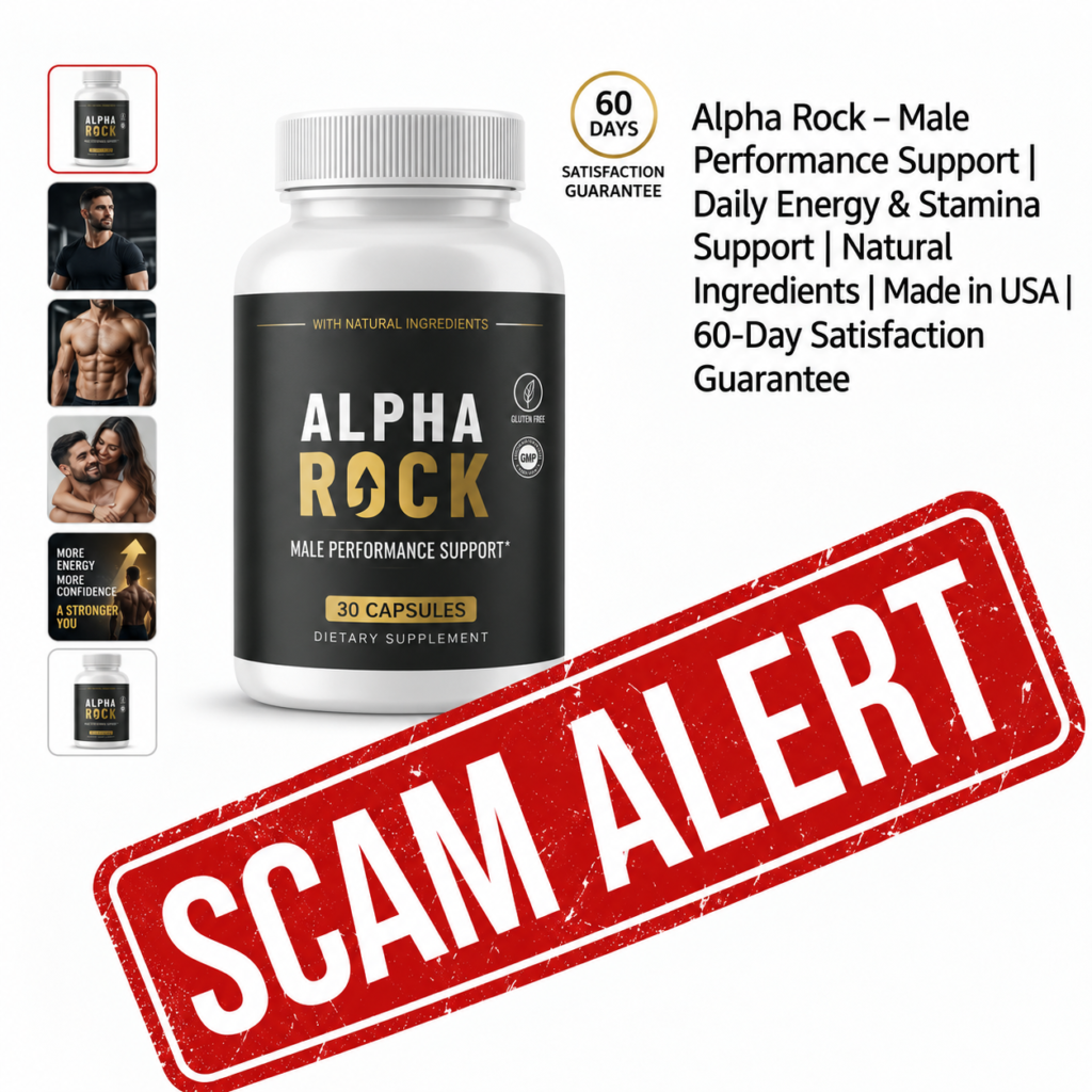 Alpha Rock reviews supplement bottle overlaid with a prominent red Scam Alert stamp warning buyers about unverified claims