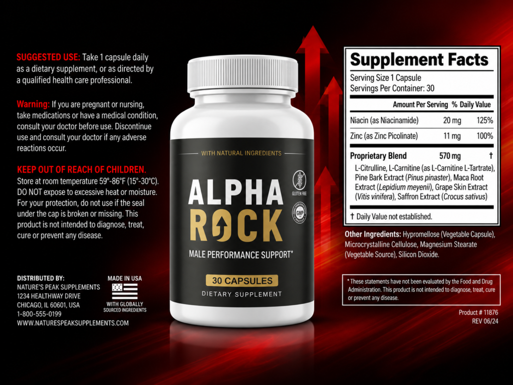 Alpha Rock reviews supplement facts label displaying ingredient breakdown, dosage instructions, and manufacturing details